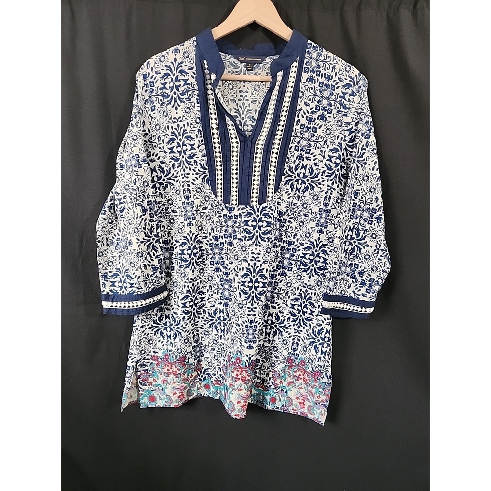 BROOKS BROTHERS Linen V-Neck 3/4‎ Sleeve Floral Tunic Lace Embroidered Womens M